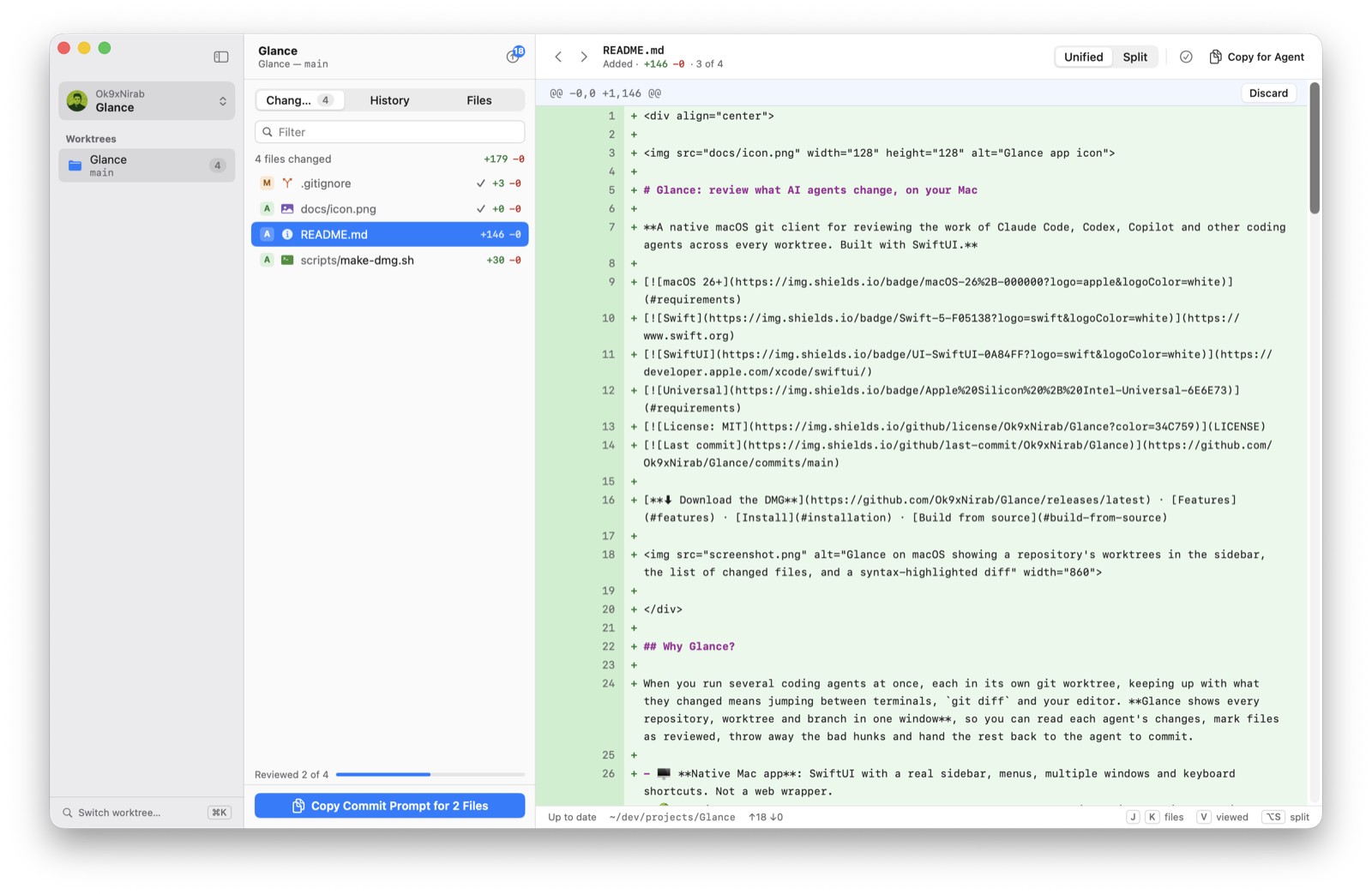 changes — worktrees, changed files and a syntax-highlighted diff