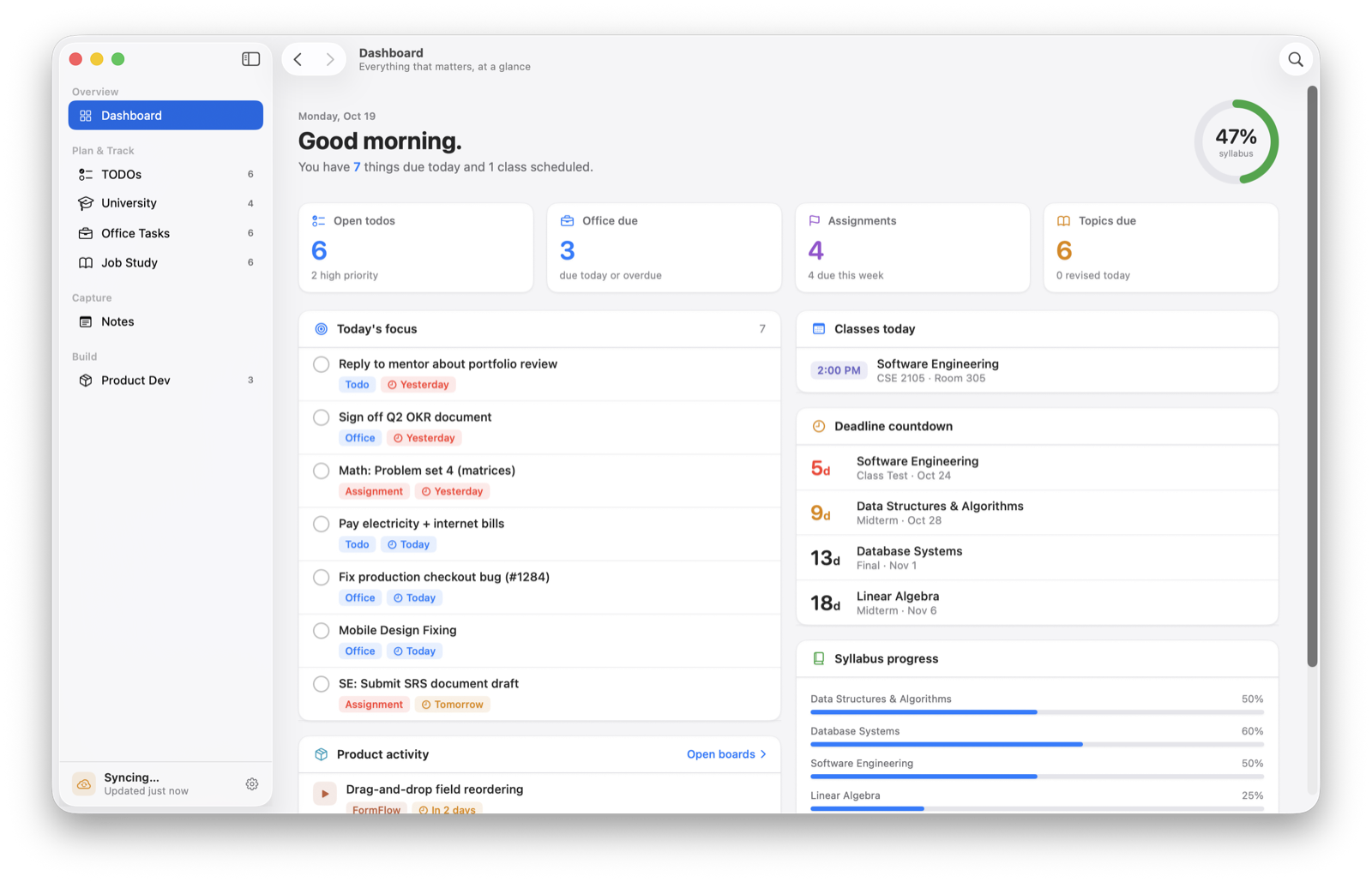 dashboard — today's focus across every section