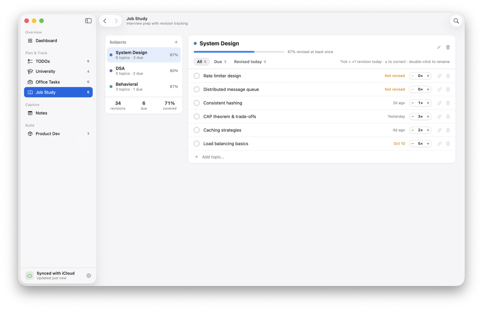 job study — revision tracking per topic