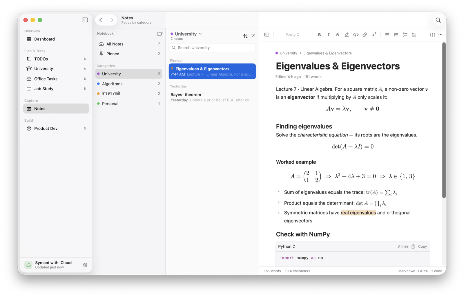 notes — block editor with LaTeX and code