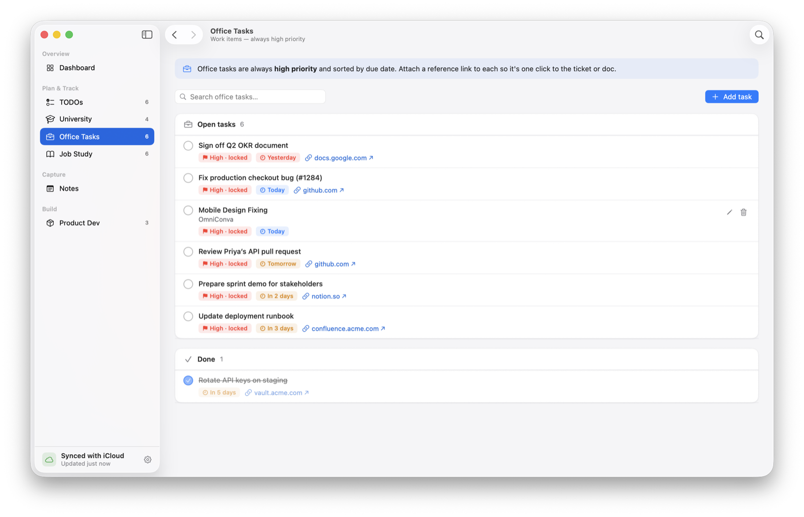 office tasks — work items with reference links