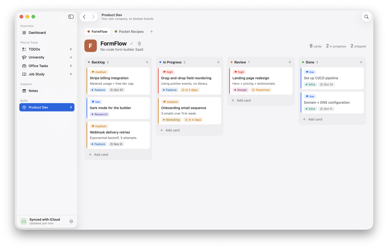 product dev — Kanban board per product