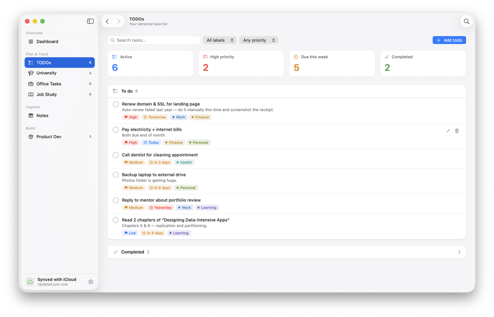 todos — priorities, labels and due dates