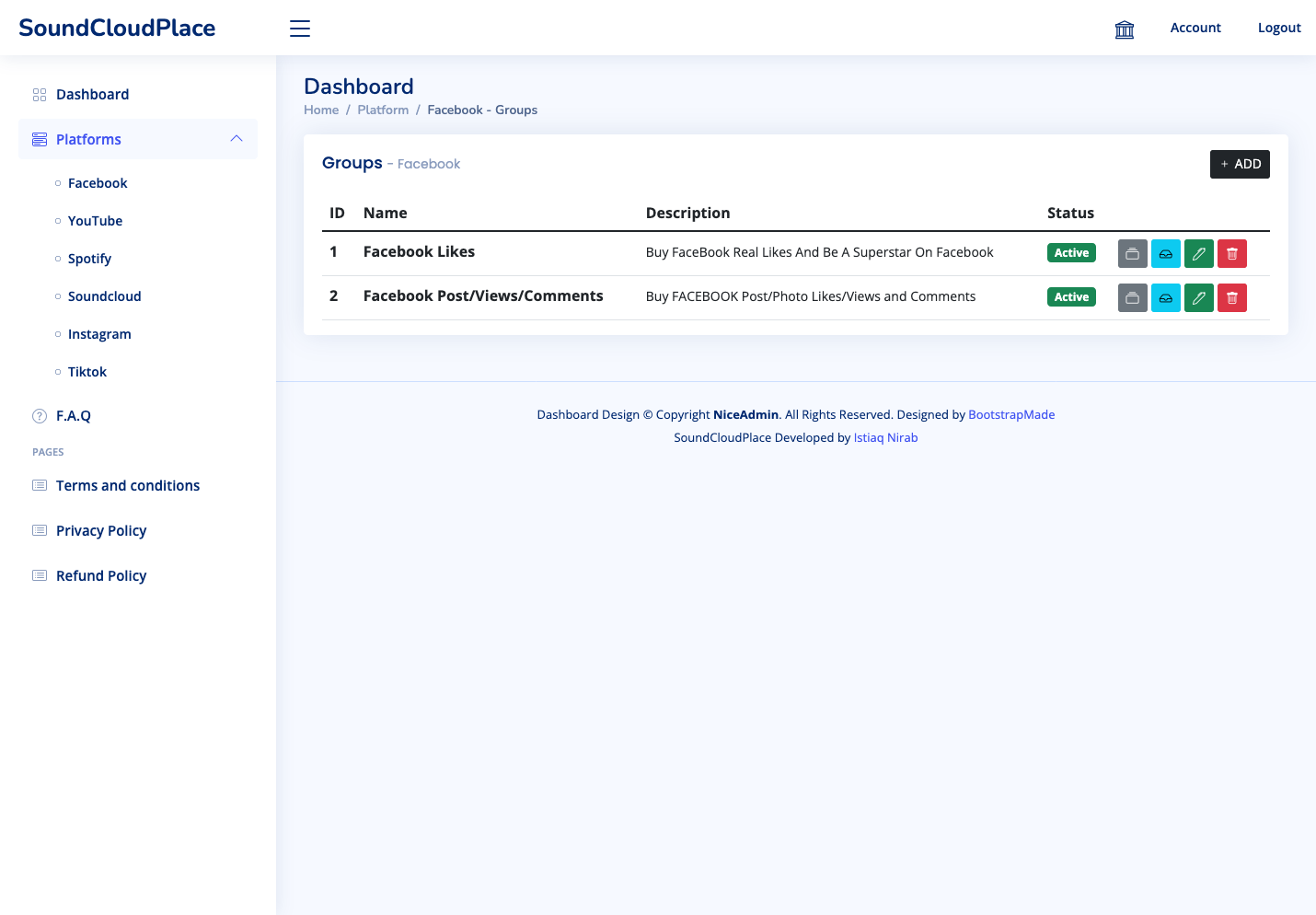 admin dashboard — groups management