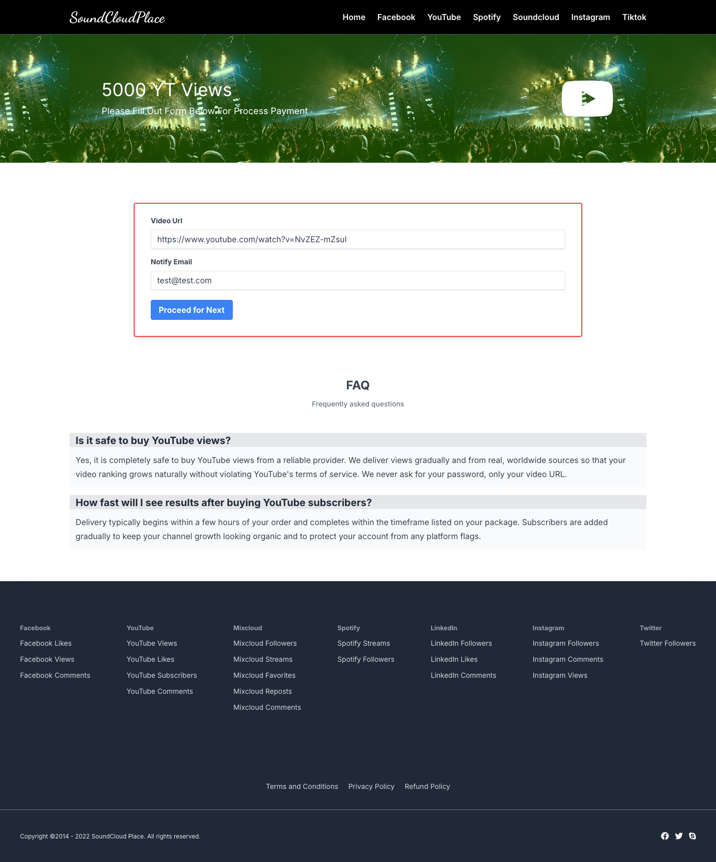 order form — dynamic per-package fields